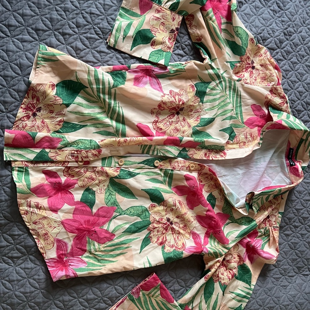 SHEIN Pink and Green Floral Button-Down Shirt